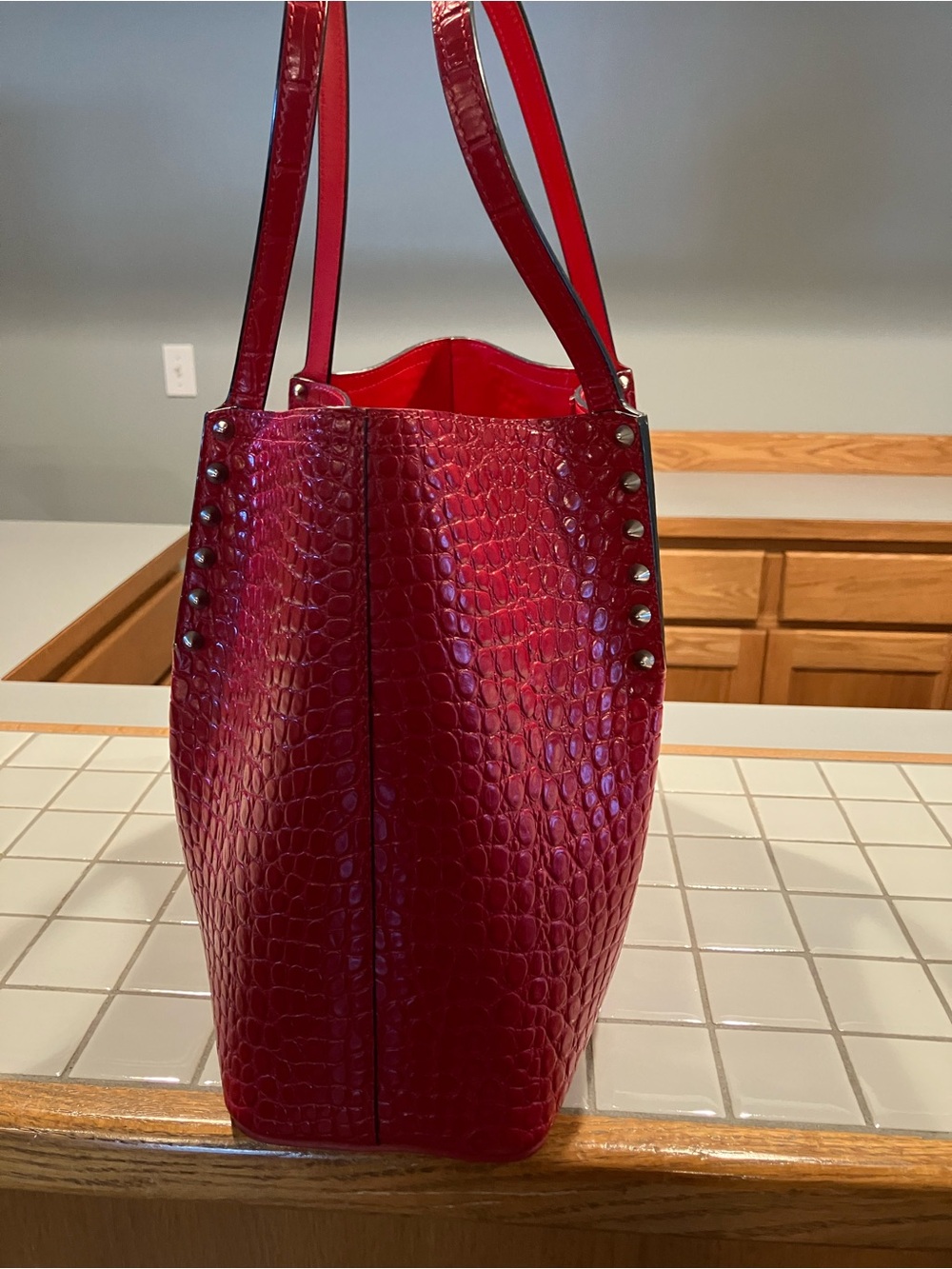 Christian Louboutin Red Croc-Embossed Tote with Studded Trim - Picture 5 of 8